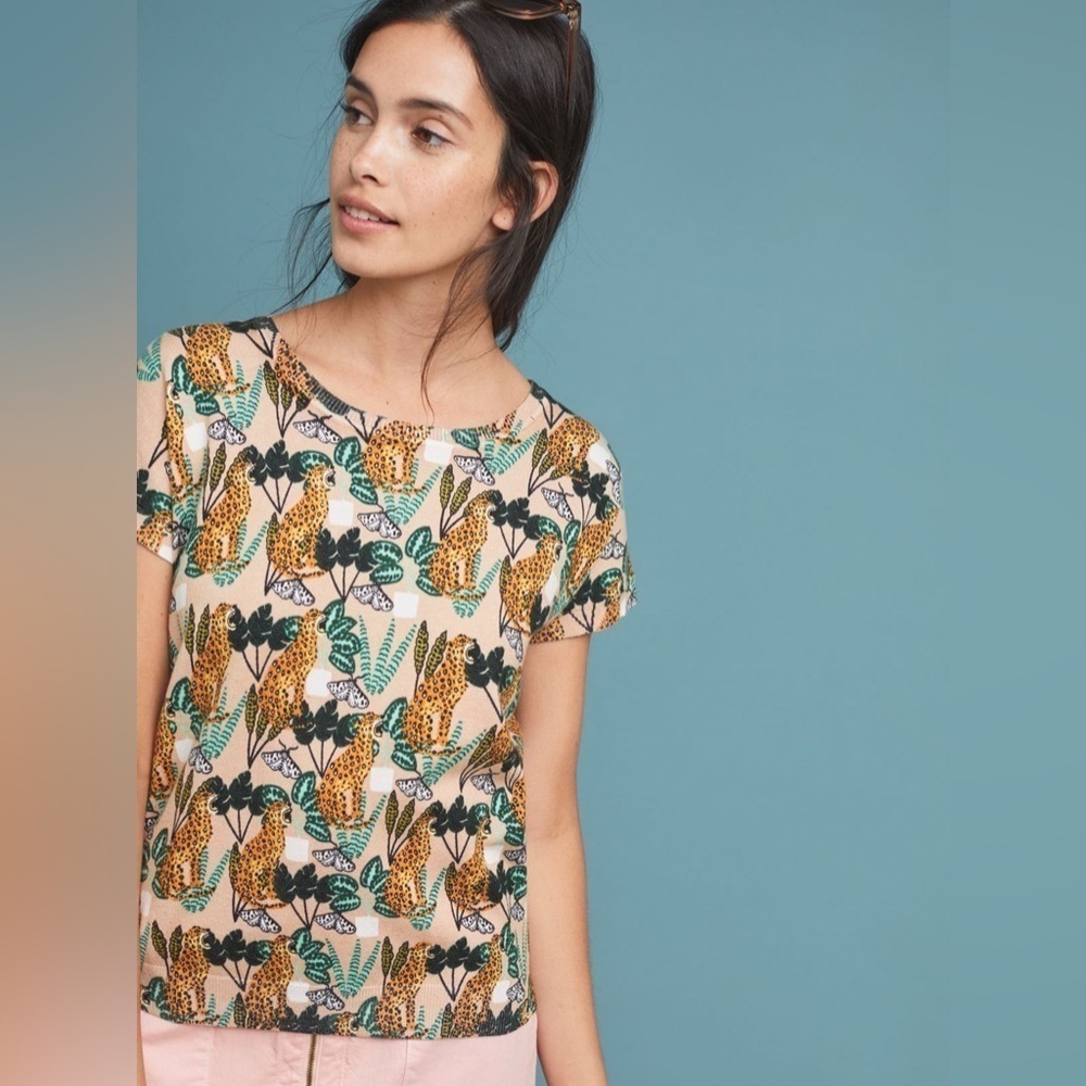 Anthropologie Pepaloves feline printed sweater tee cheetah palms